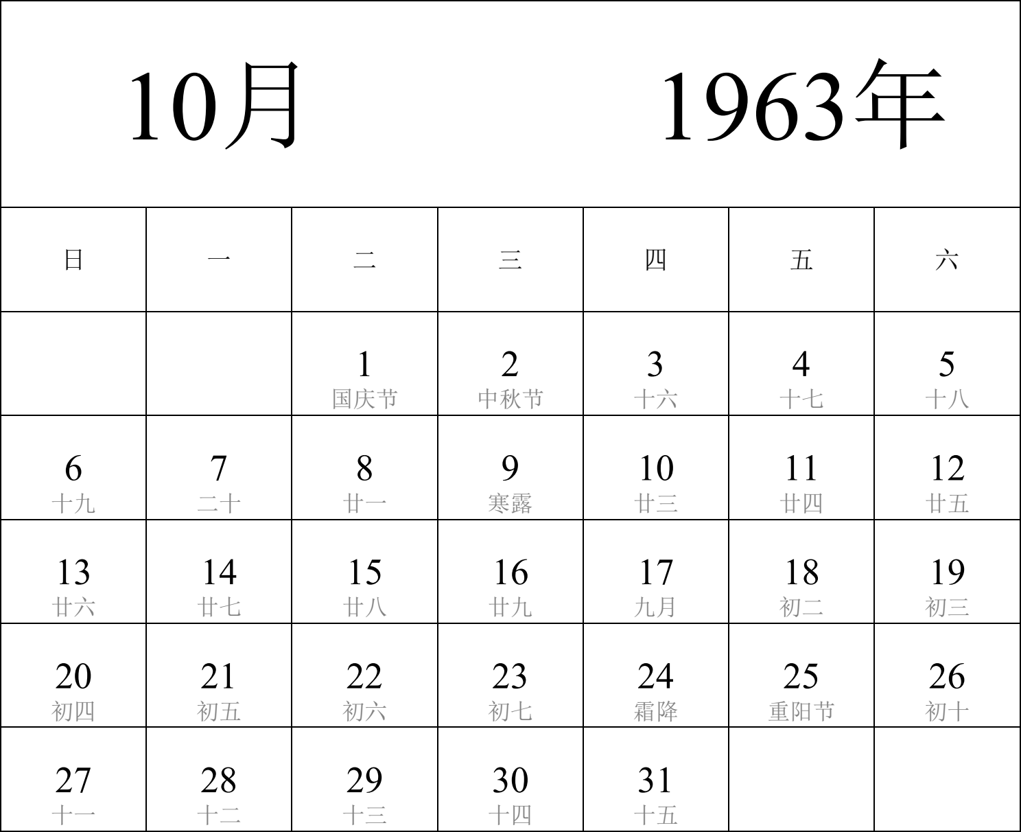 日历表1963年日历 中文版 纵向排版 周日开始 带农历 带节假日调休安排